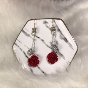 Red Rose and pearl bead drop earrings